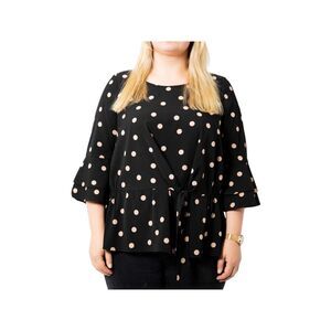 ESTELLE Womens Black Bell Sleeve Round Neck Wear To Work Peplum Top Plus 2X